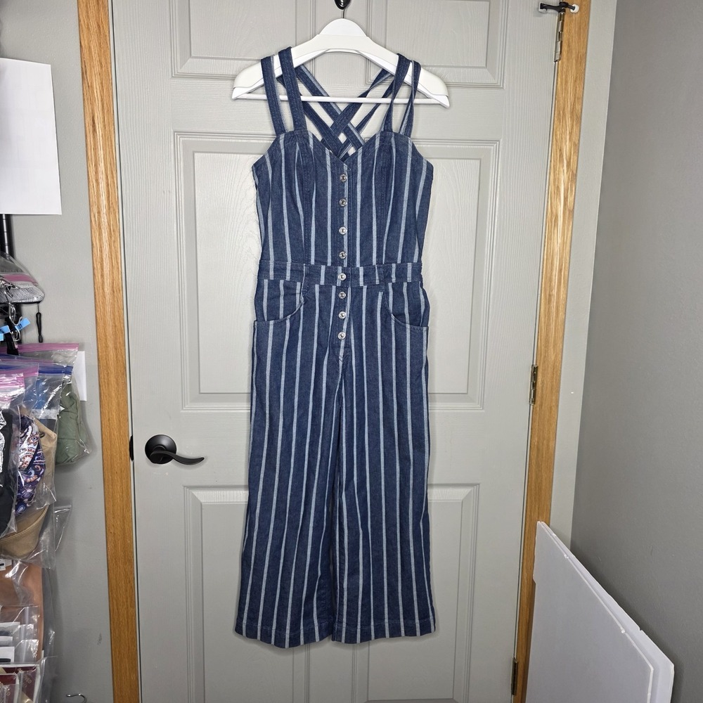 7 For All Mankind Women's Overall Jumpsuit Striped Denim Blue Size 29 Crop Capri